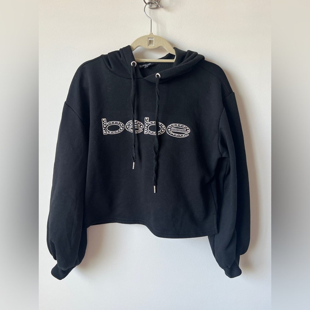 bebe Sport Black Cropped Hoodie Sweatshirt Rhinestone Logo Women’s Size M